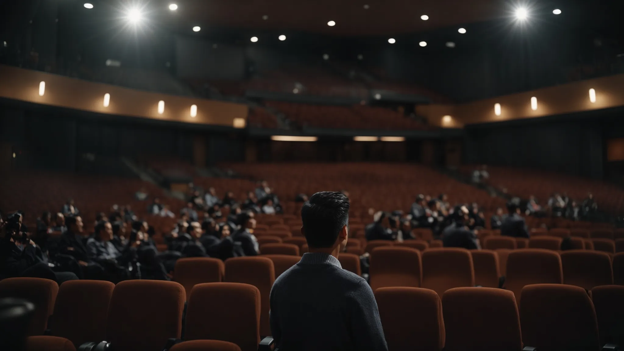 a confident person stands in front of a large, eager audience inside an auditorium, ready to share insights and strategies.