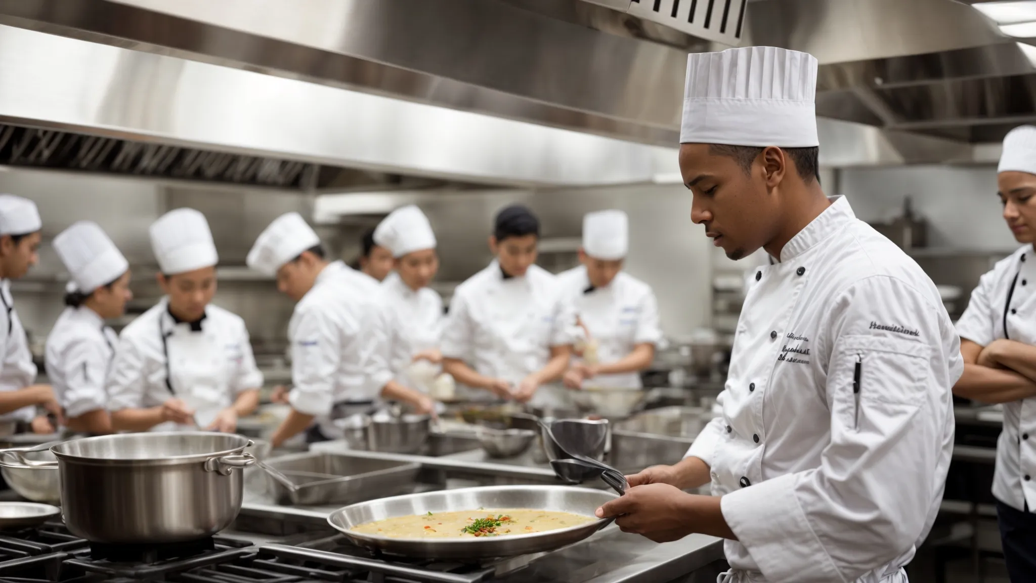 chef demonstrates cooking technique to attentive students in a modern culinary school kitchen.