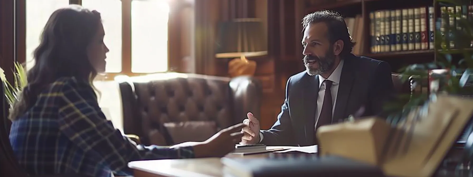 a personal injury lawyer discussing a case with a client in a comfortable office setting.