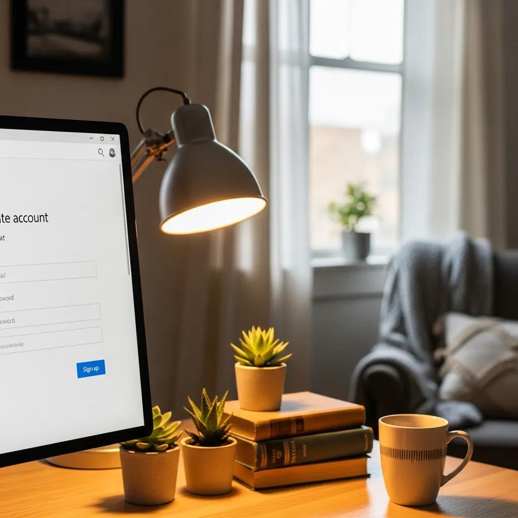 Close-up of Microsoft account creation page in a cozy home office